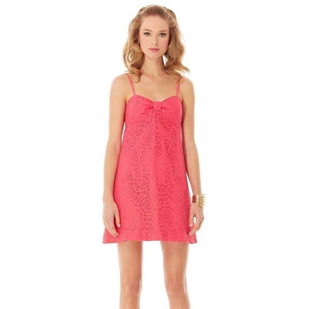 Lilly Pulitzer Lace Bow Mini Dress Karina Dress Sleeveless Pink Paisley Lace 8